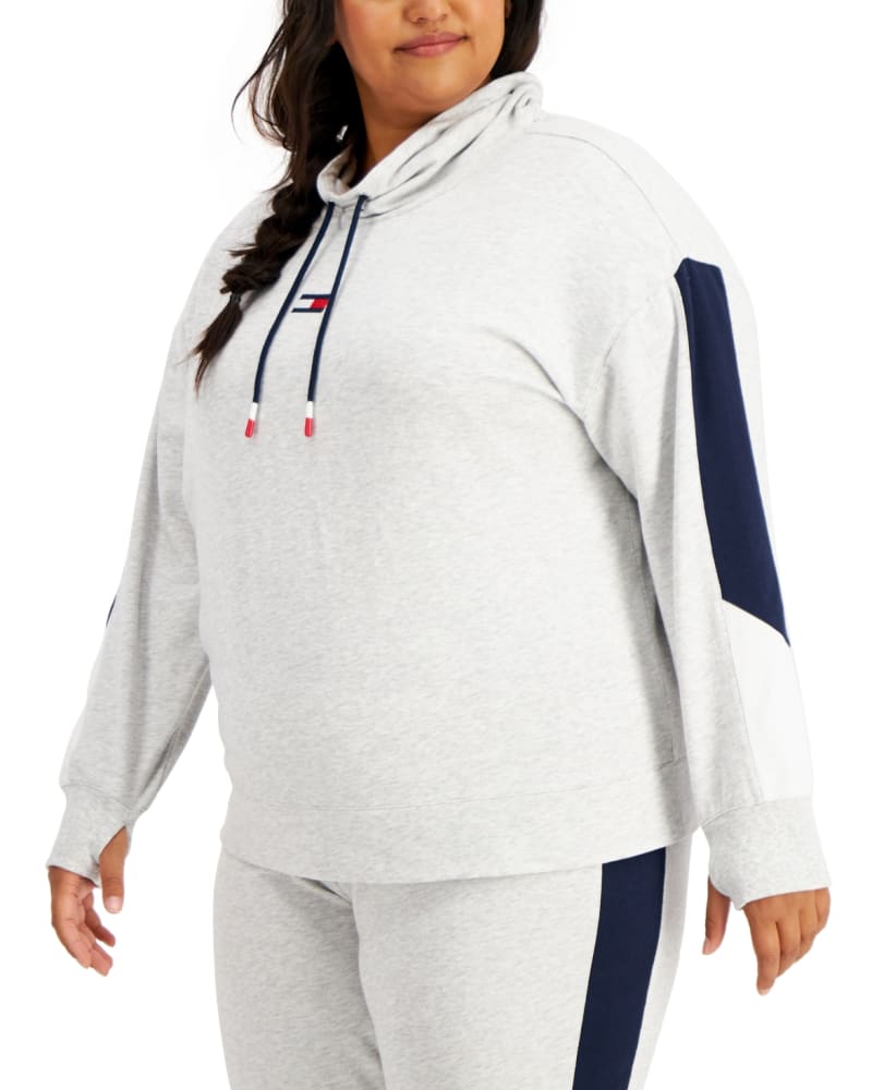 Front of a model wearing a size 2X Tommy Hilfiger Women's Sport Plus Logo Cowlneck Sweatshirt Gray Size 2X in Gray by Tommy Hilfiger. | dia_product_style_image_id:313772
